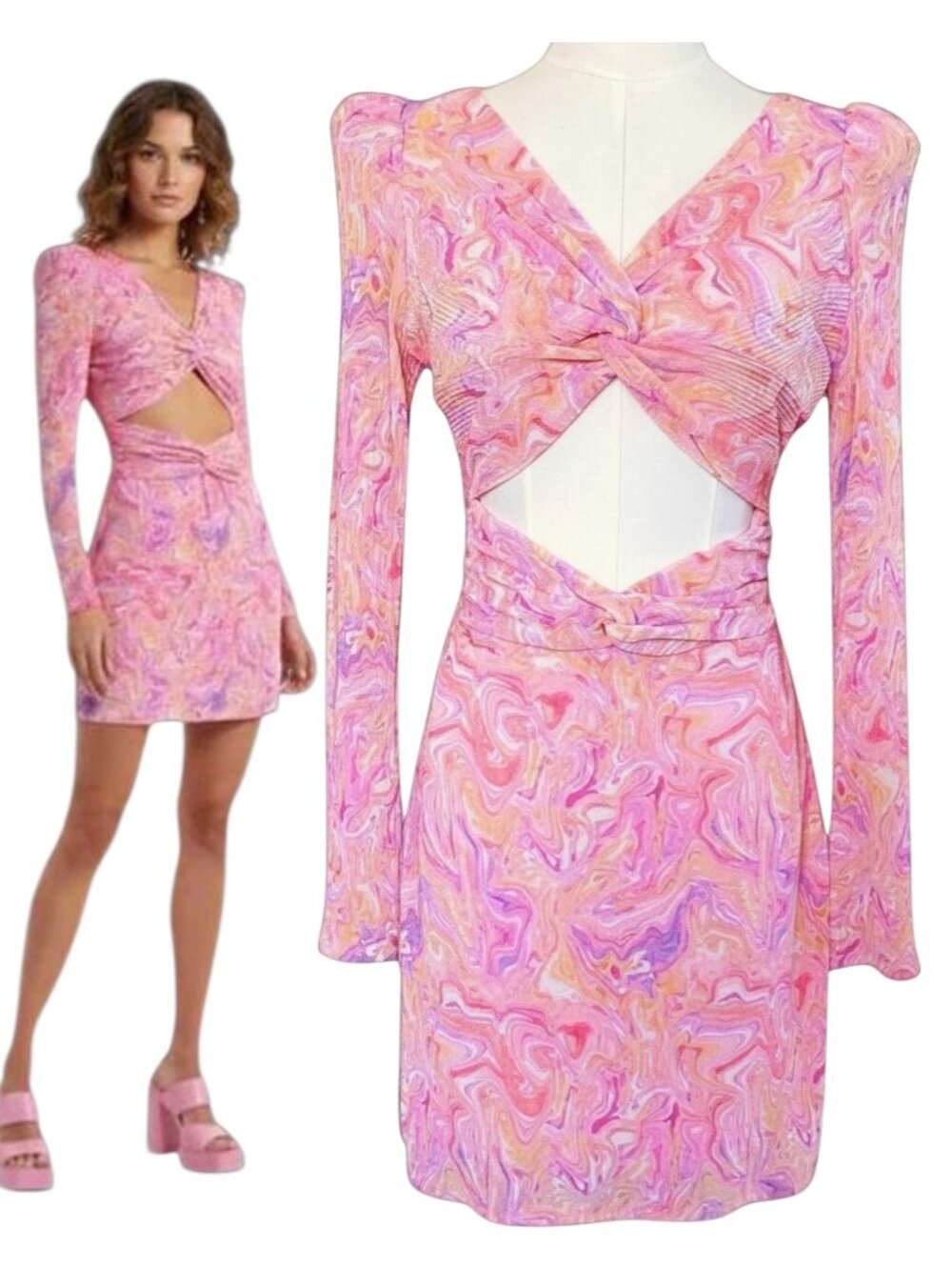 LoveShackFancy Nanita Mini Dress Pink Marble Cut-Out Long Sleeve S